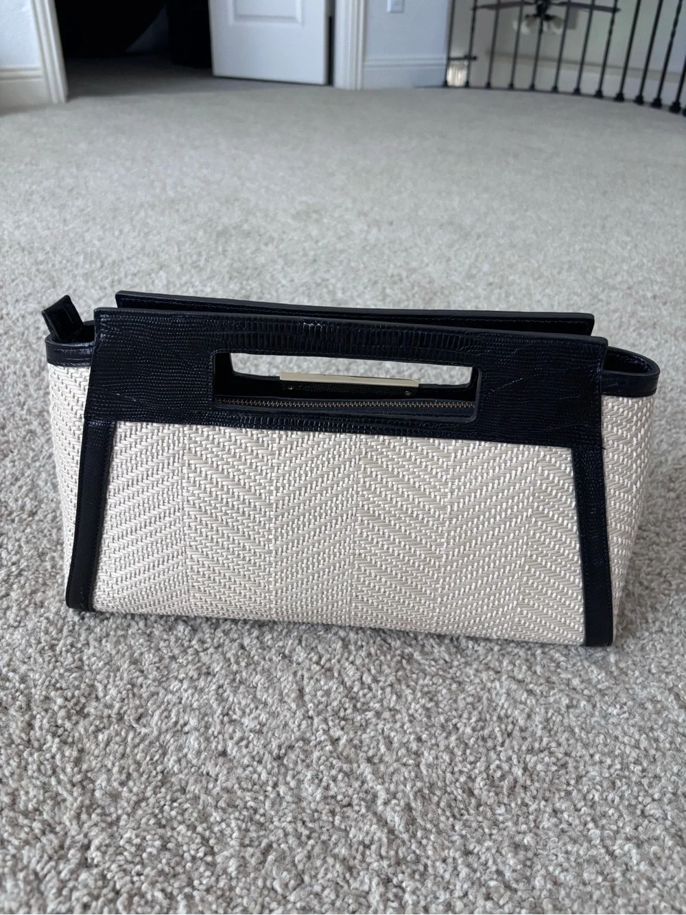 Brahmin Raffia Lenox Clutch Bag with Black 3D Floral